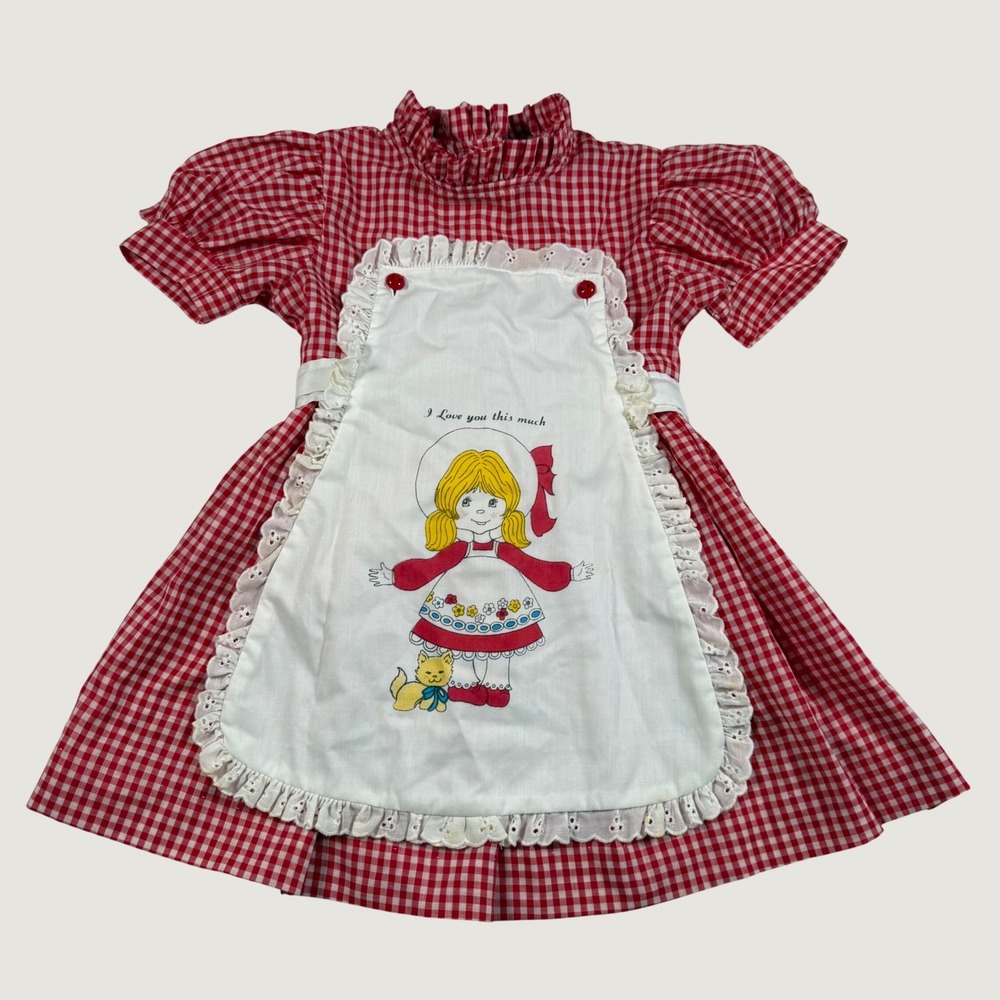 Vintage Sakowitz Girls Red Gingham Apron Dress I Love You This Much 4T Eyelet